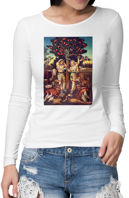 Жіночий лонгслів з принтом "Картина Адам І Єва Космонавти". Адам, єва, звірі, змія, картина. CustomPrint.market