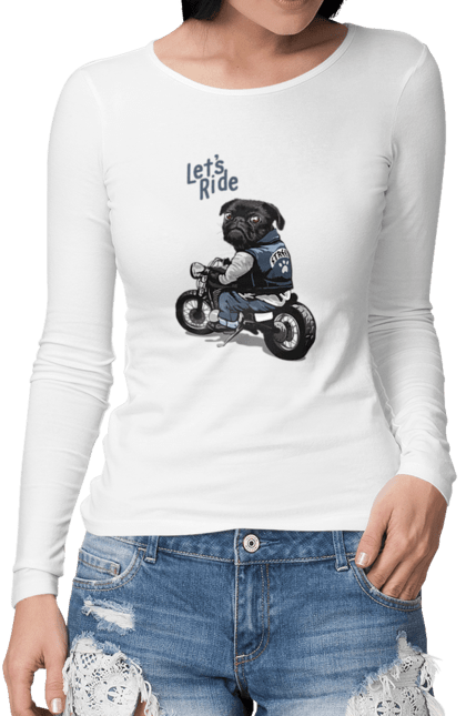 Жіночий лонгслів з принтом "Мопс на мотоциклі". Байкер, мопс, мотоцикл, собака, тварини. CustomPrint.market