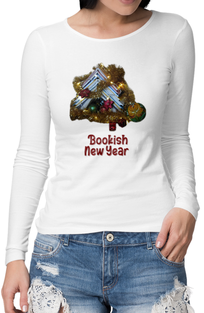 Жіночий лонгслів з принтом "Книжковий Новий рік". Книга, книголюб, книжка, книжки, книжковий, новий рік, різдво, різдвяна ялинка, святкування. futbolka.stylus.ua