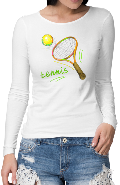 Жіночий лонгслів з принтом "Теніс". Великий теніс, гравці, грунт, м`яч, призовий фонд, ракетка, спонсор, турнір на ґрунті, турнірна сітка. futbolka.stylus.ua