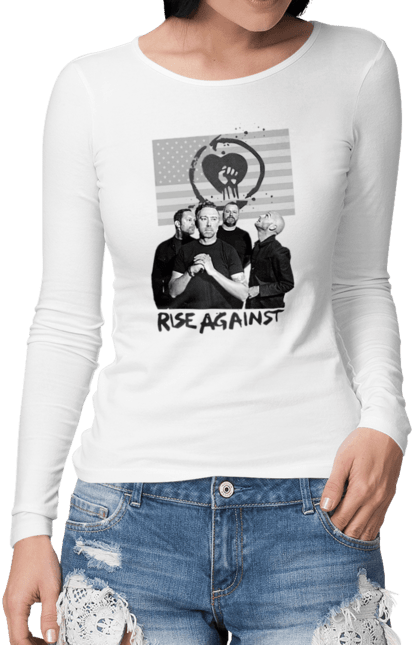 Жіночий лонгслів з принтом "Rise Against. Real American punk rock". Tim mcilrath, мелодик хардкор, музика, панк рок, панк рок гурт, райс егейнст, сша, хардкор панк. KRUTO.  Магазин популярних футболок