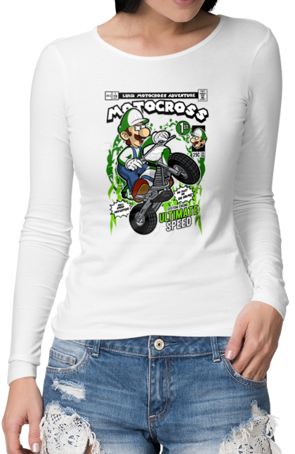 Жіночий лонгслів з принтом "Luigi Motocross". Nintendo, playstaion, автомобіль, гра, зелений маріо, луїджі, маріо. Funkotee