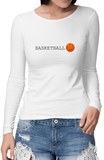 Жіночий лонгслів з принтом "Баскетбол". Атлетика, баскетбол, гра, здоровий спосіб життя, команда, командний, м`яч, помаранчевий, спорт, спортсмен, текст, чорний. CustomPrint.market