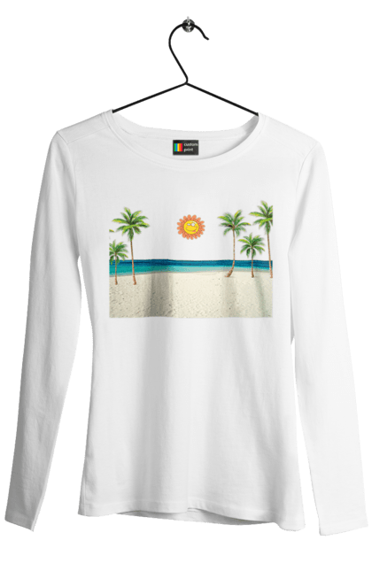 Жіночий лонгслів з принтом "Гавайський Пляж". Гаваї, літо, море, пальми, пляж, сонце. CustomPrint.market