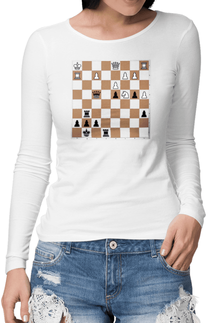 Жіночий лонгслів з принтом "Шахи мат в 3 ходи". Блич, виделка, гамбіт, дебют, ендшпіль, кінь, король, пат, пішак, рокіровка, слон, тура, ферзь, цугцванг, чемпіонат, шах і мат, шахи. CustomPrint.market