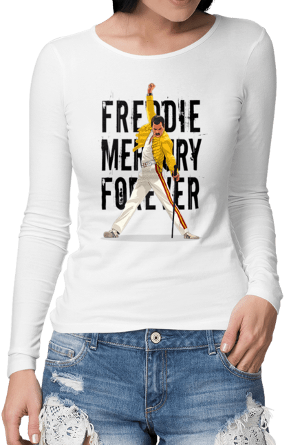 Жіночий лонгслів з принтом "Фредді Меркьюрі". Freddie mercury, queen, богемська рапсодія, музика, написи, рок, рок група, фредді меркюрі. futbolka.stylus.ua