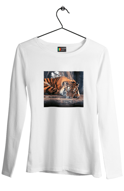 Жіночий лонгслів з принтом "Спящий тигр". Tiger, спящий, тигр, футболка біла, футболка з тигром. CustomPrint.market