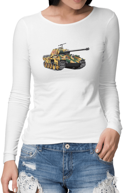 Жіночий лонгслів з принтом "Танк 145". Війна, гусениця, приціл, танк. CustomPrint.market