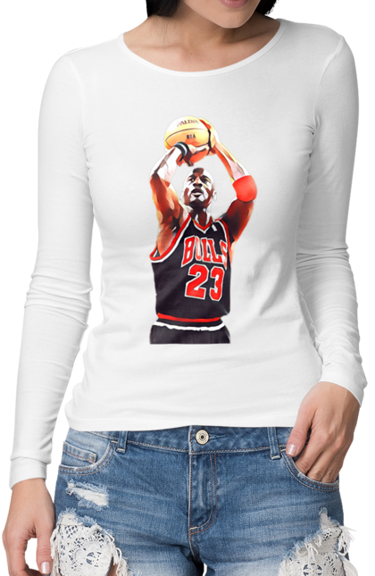 Жіночий лонгслів з принтом "Майкл Джордан арт". Баскетбол, джордан, майкл джордан, майкл джордан арт, спорт. CustomPrint.market