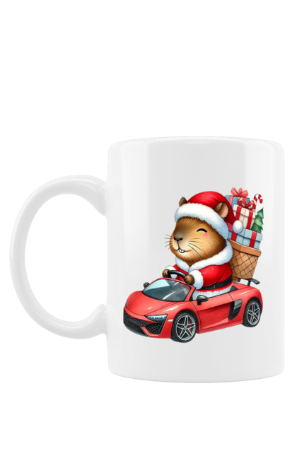 Mug with prints Christmas Capybara with a Gift. Animal, capybara, car, christmas, christmas capybara, gift, holiday, new year, new year`s gift, santa. 2070702