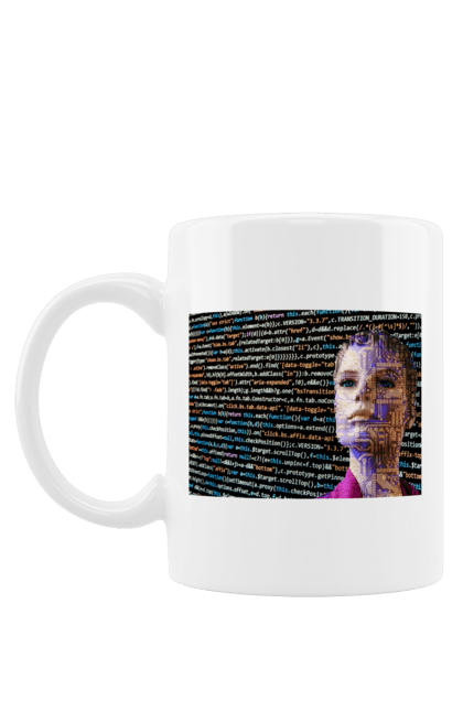 Чашка з принтом "Штучний Розум". Айті, айтішник, гик, жінка, знання, інженер, інтелект, кібер, кібернетика, кіборг, код, комп, комп`ютерник, кристал, машинне навчання, мікросхема, мозок, портрет, програміст, професіонал, професія, розробник, розум, світиться, світло, хакер, чіп, штучний інтелект, штучний розум. 2070702