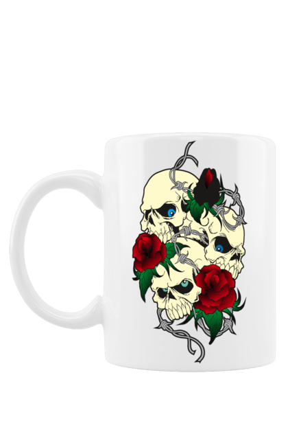 Mug with prints Skulls with roses. Bones, eyes, flowers, leaves, rose flower, roses, scull, spikes, teeth. 2070702