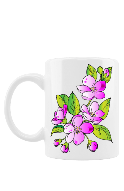Чашка з принтом "Квітуче дерево навесні". Весна, вишня, гілка, дерево, квіти, квітка, листя, ніжність, рожевий, сакура, сезон, слива, цвітіння, яблуня. ART принт на футболках