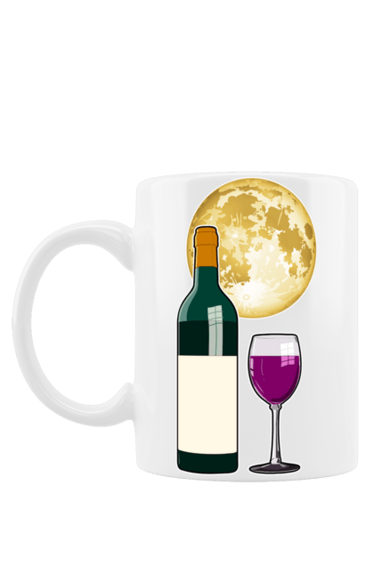 Чашка з принтом "Червоне вино під Місяцем". Алкоголь, вино, диск, келих, коло, місяць, ніч, пляшка, романтика, світло, скло, чарка, червоне вино. ART принт на футболках