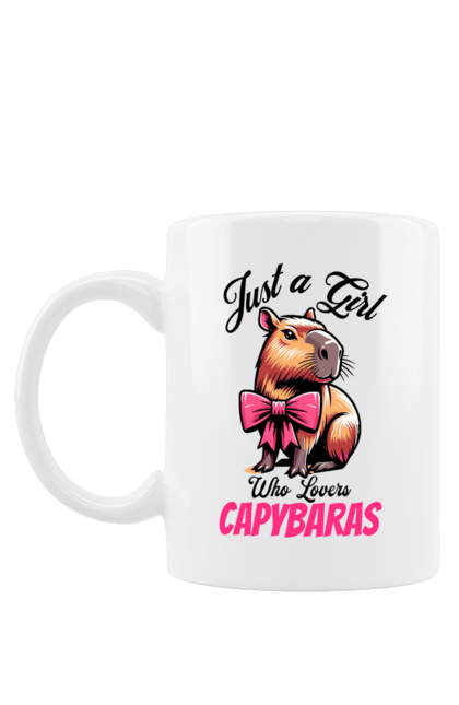 Mug with prints Capybara. Animal, bow, capybara, pink, rodent. 2070702