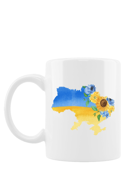 Чашка з принтом "Квітуча Україна  квіткова синьо жовта карта України". Карта україни, квіти, мапа україни, ми з україни, патріотична, патріотична футболка, прапор україни, україна. futbolka.stylus.ua