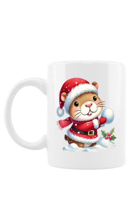 Mug with prints Capybara playing snowballs. Animal, capybara, christmas, christmas capybara, game, gift, holiday, new year, santa, snowballs. 2070702