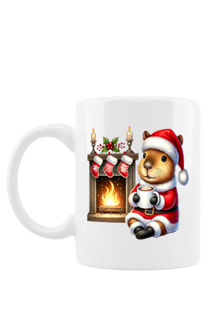 Mug with prints Capybara by the fireplace with hot chocolate. Animal, capybara, christmas, christmas capybara, fireplace, gift, holiday, hot chocolate, new year, santa. 2070702