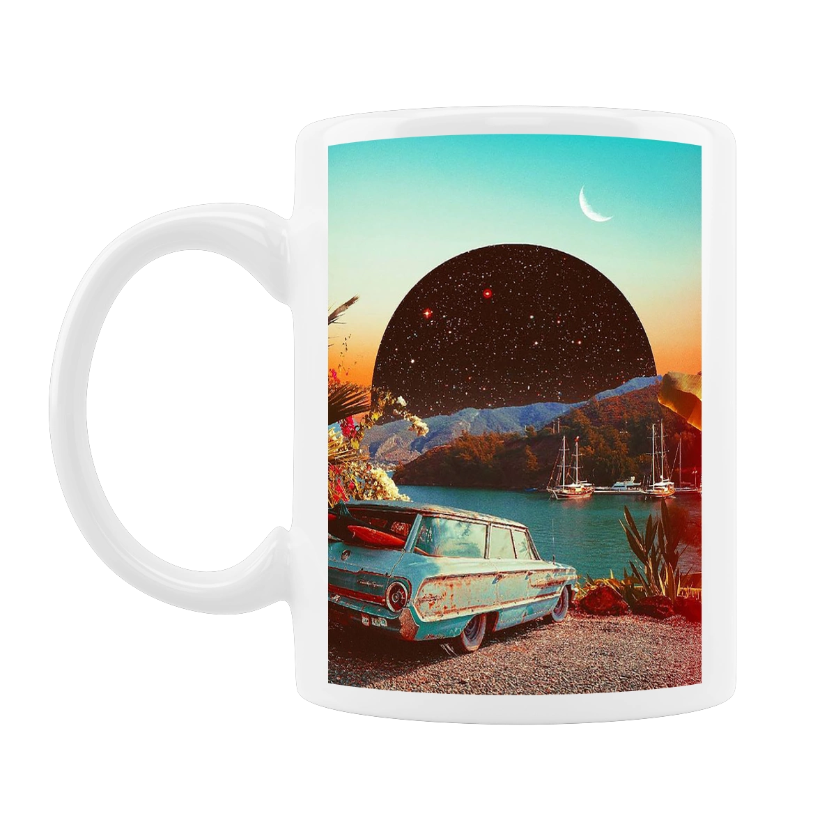 Картина, машина біля річки