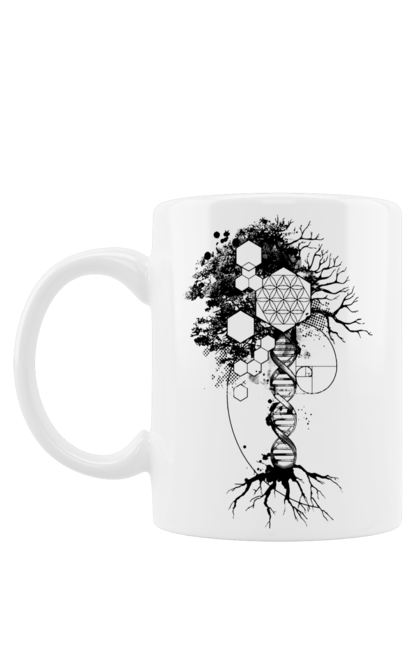 Чашка з принтом "Древо життя". Геном людини, дерево життя, золотий перетин, квітка життя, сакральна геометрія, таємниця світобудови, таємниця числа фібоначчі, число бога, число фібоначчі. 2070702