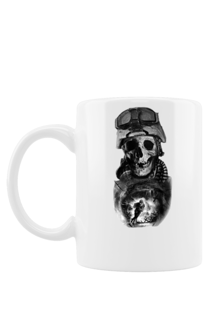 Чашка з принтом "Скелет військового". Ескіз, зброя, пілот, солдат, череп, шолом. futbolka.stylus.ua