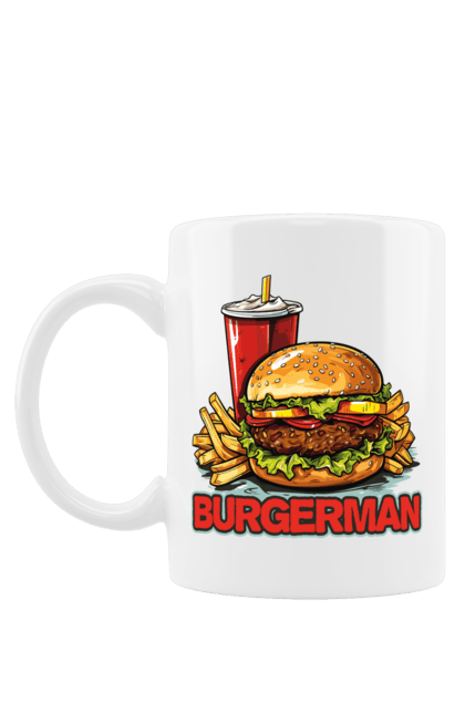 Чашка з принтом "Burgerman". Бургер, для чоловіків, їжа, літні, макдональдс, прикольні, трендові, фаст фуд, чоловічі. 2070702