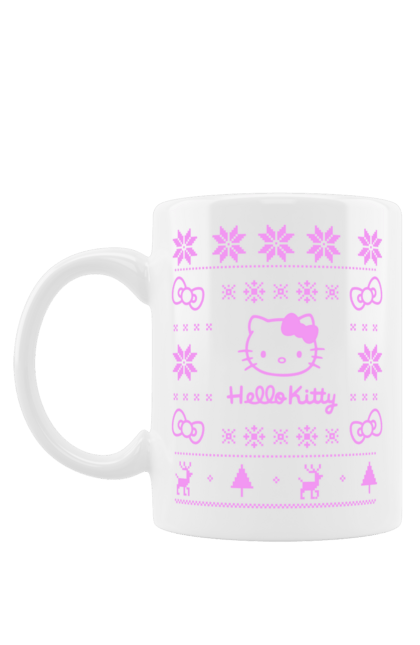 Чашка з принтом "Hello Kitty". Hello kitty, бантик, візерунок, олень, светр з оленями, сніжинки, ялинка. CustomPrint.market