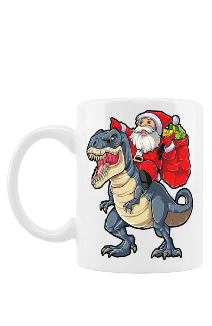 Чашка з принтом "Дід мороз на динозаврі доставляє подарунки". Динозавр, дід мороз, зима, новий рік, подарунки, різдво. Піно