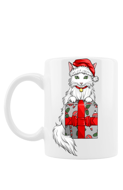 Чашка з принтом "Котик з подарунком". Білий кіт, кіт, котик, новий рік, подарунок, різдво, санта, шапка санти. futbolka.stylus.ua