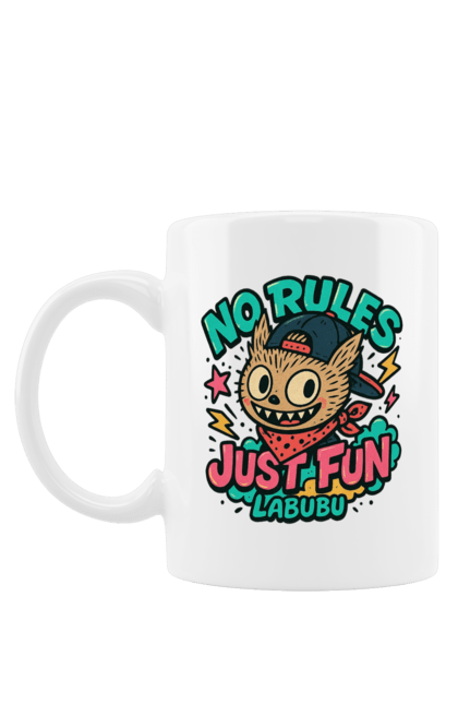 Чашка з принтом "Лабубу". Norulesjustfun, y2k, бандана, вуличний стиль, грайливий, графіті, зухвалий, лабубу, ретромультяшка, яскраво. 2070702