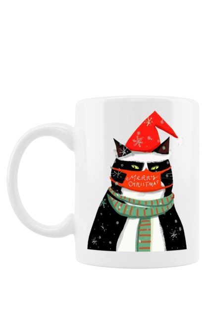 Чашка з принтом "Різдвяний кіт у масці". Кіт, кіт в масці, кіт у масці, кішка, маска, новий рік, новорічний кіт, різвяний кіт, різдво, смішний кіт. Піно