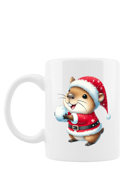 Mug with prints Capybara playing snowballs. Animal, capybara, christmas, christmas capybara, game, gift, holiday, new year, santa, snowballs. 2070702