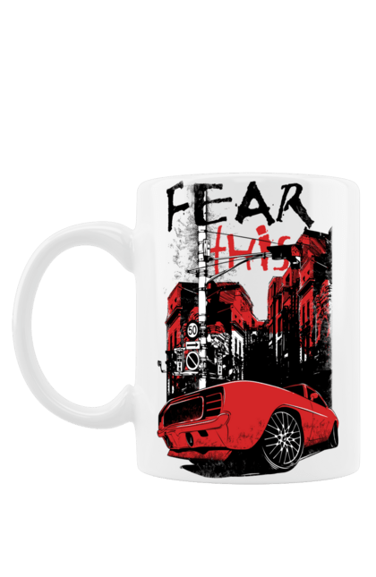 Mug with prints Red Car In The City. Riding, town. 2070702