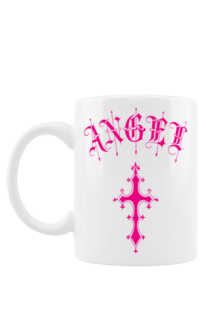 Чашка с принтом Логотип Ангел. Ангел, готический стиль, готический шрифт, крест, крестик, логотип, розовый. 2070702