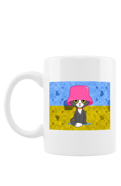 Чашка з принтом "Кіт в розовій панамі на тлі прапора України". Калуш, кіт, кіт в панамі, панама калуша, прапор україни, розова панама, розова панома. ART принт на футболках