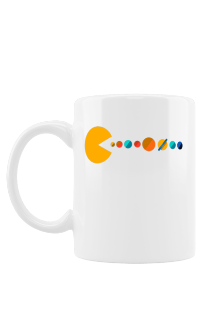 Чашка з принтом "Pac Man Planets". Atari, namco, pac man, аркадна відеогра, відеогра, комп`ютерна гра, космос, лабіринт, планети, сонячна система. 2070702