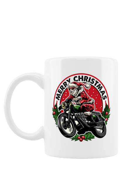 Чашка з принтом "Щасливого Різдва, дід мороз на мотоциклі". 2022, дід мороз, зима, мотоцикл, новий рік, подарунки, різдво, санта, сніг. 2070702