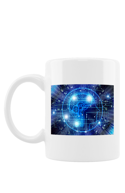Чашка з принтом "Штучний інтелект". Айті, айтішник, гік, знання, інженер, інтелект, кібер, кібернетика, кіборг, код, комп, комп`ютерник, кристал, машинне навчання, мікросхема, мозок, портрет, програміст, професіонал, професія, розробник, розум, хакер, чіп, штучний інтелект, штучний розум. 2070702