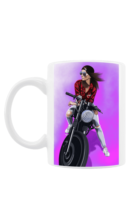 Чашка з принтом "Дівчина Байкер". Байк, байкер, гонка, дівчина, мото, мотор, мотоцикл, поїздка, стиль, стиль життя. ART принт на футболках