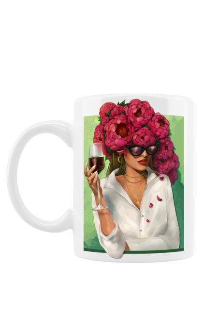 Чашка з принтом "Дівчина з півоніями та келихом". Вино, дівчина, квітка, келих, літо, окуляри, півонії, сорочка. 2070702