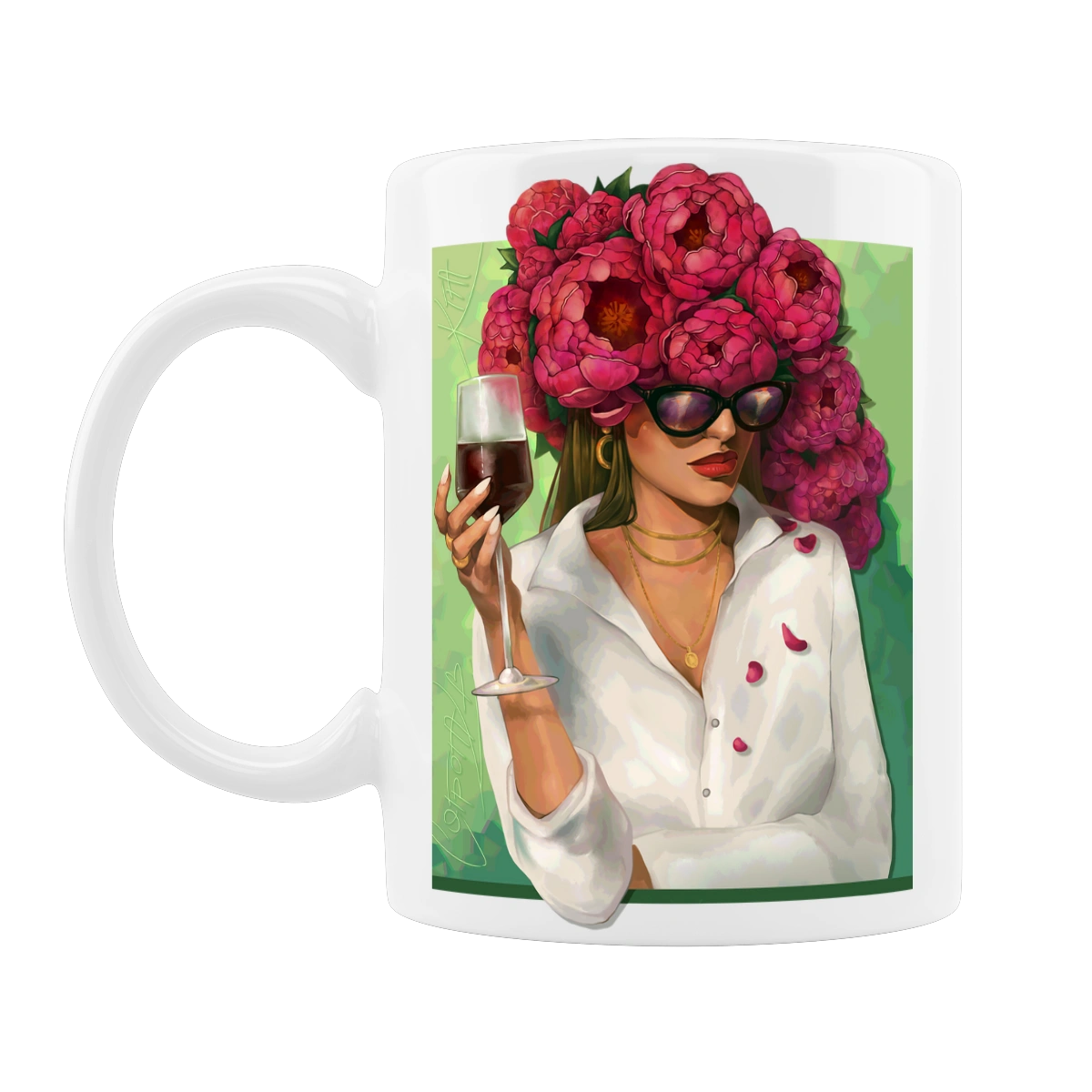 Girl with peonies and a glass