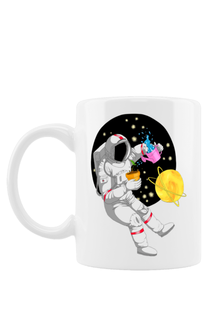Чашка з принтом "Космонавт у космосі поливає квіти". Агроном, квітка, космонавт, космос, планета. futbolka.stylus.ua