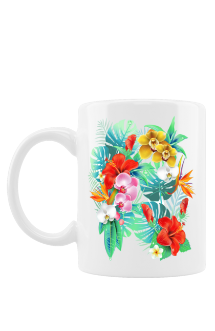 Чашка з принтом "Тропічні квіти". Білий, букет, гібіскус, жовтий, зелений, квіти, квітка, композиція, листя, мальва, орхідея, природа, рожевий, тропіки, тропічні, червоний, яскраві. CustomPrint.market