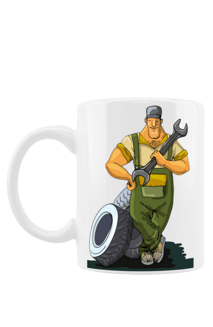 Mug with prints Car Mechanic. Profession, wheels, wrench. 2070702