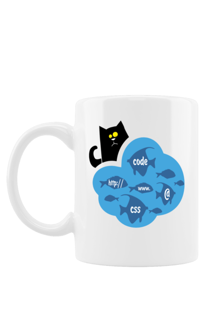 Чашка з принтом "Кіт програміст". Angular, c, css, html, it, javascript, jquery, php, python, react, svelt, vue, айтишник, айті, гумор, код, кодувати, прогер, програміст, програмісти, ти ж, ти ж програміст, тиж програміст. 2070702