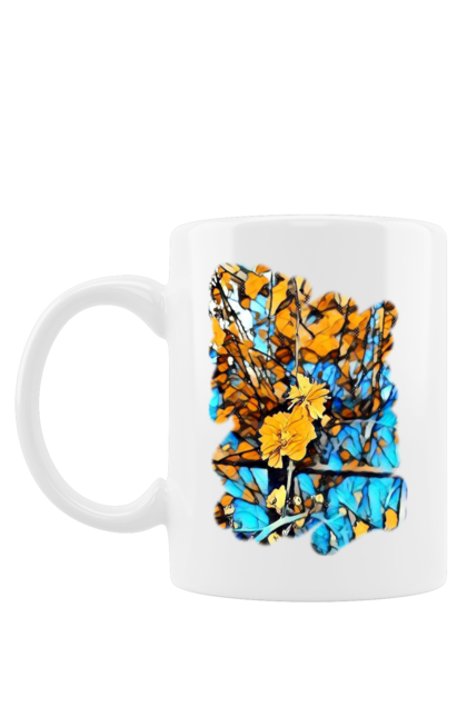 Чашка з принтом "Жовті квіти на синьому фоні". Арт, жовтий та синій, жовті квіти, жовто-синій, квіти, малюнок, природа, синій та жовтий, синьо-жовтий. 2070702