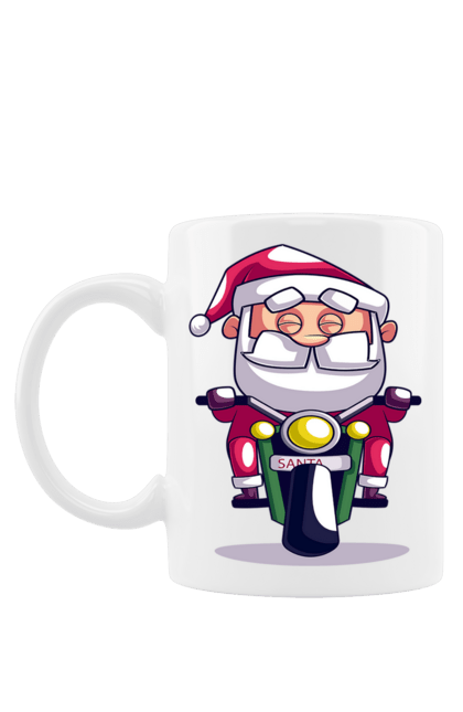 Чашка з принтом "Щасливий Санта на мотоциклі". 2022, дід мороз, зима, мотоцикл, новий рік, різдво, санта, сніг. 2070702