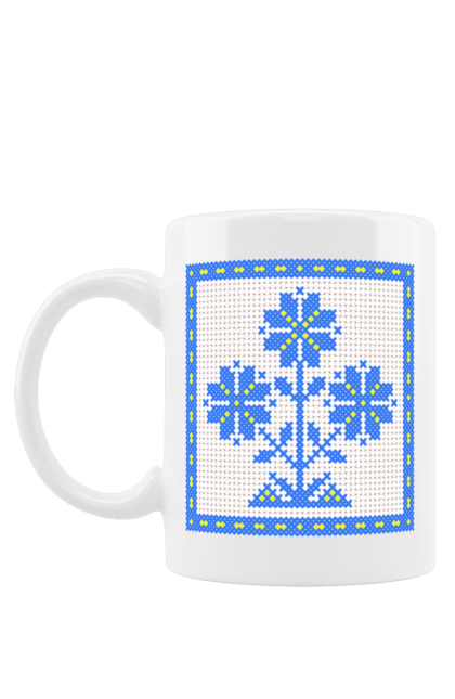 Mug with prints Yellow blue embroidery flowers. Cross stitch, embroidery, flowers, symbol of ukraine, traditions of ukraine, ukraine. 2070702