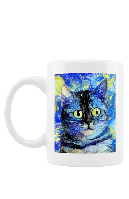 Чашка з принтом "Кіт ван Гога". Абстракція, гумор, жарт, кіт, мем, смішне, тварини. futbolka.stylus.ua