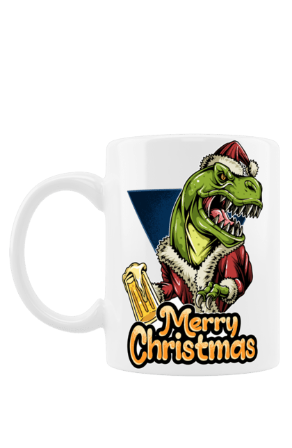Чашка з принтом "Новорічний динозавр з пивом". 2023, динозавр, дід мороз, новий рік, новорічні свята, пиво, подарунки, різдво, санта, ялинка. futbolka.stylus.ua